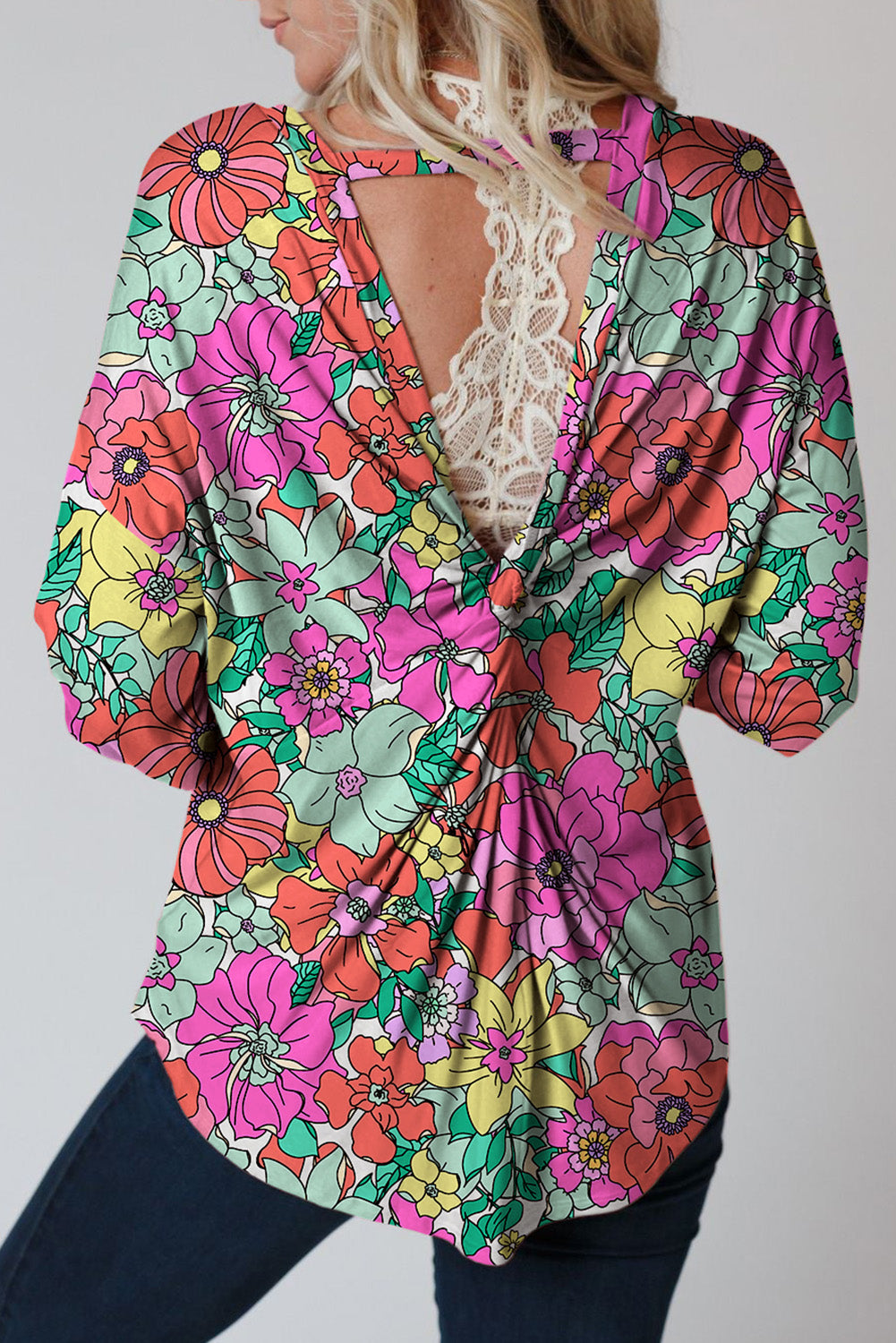 Multicolor Twisted Hollow-out Back Floral Blouse Tops & Tees JT's Designer Fashion