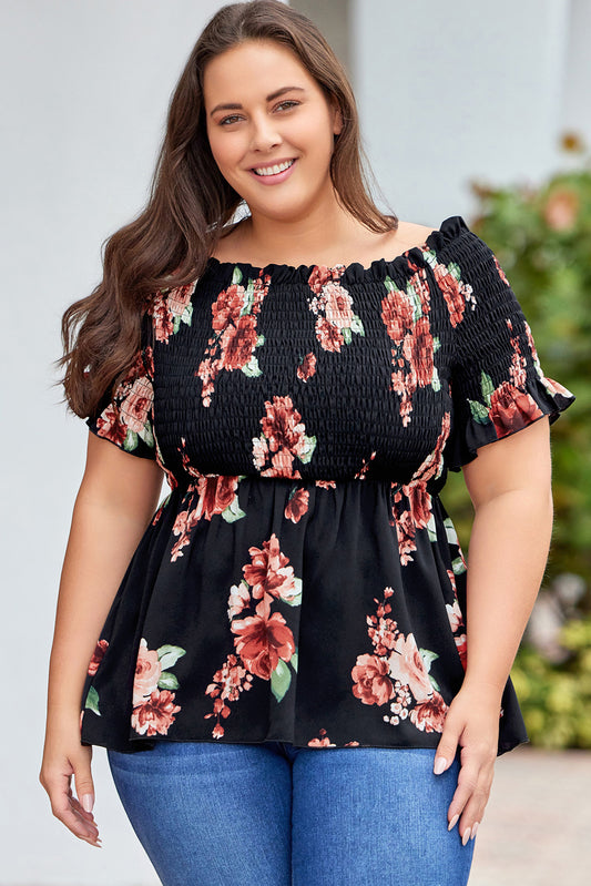 Black Floral Smocked Off Shoulder Plus Size Blouse Plus Size Tops JT's Designer Fashion