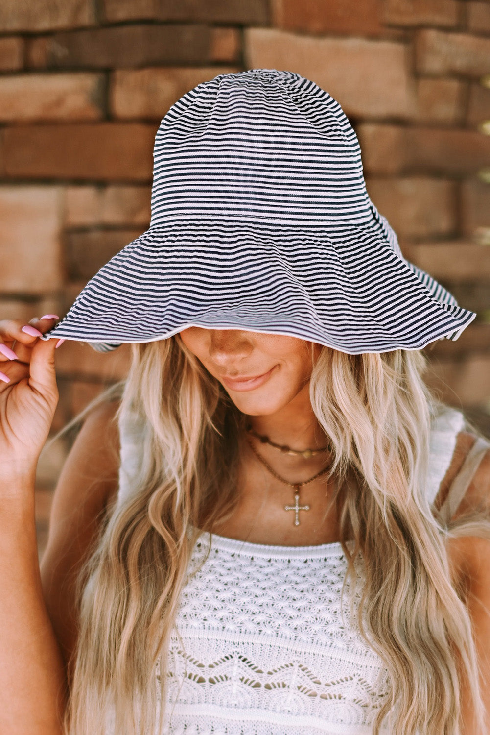 Sky Blue Striped Print Bow Knot Wide Brim Buckle Hat Hats & Caps JT's Designer Fashion