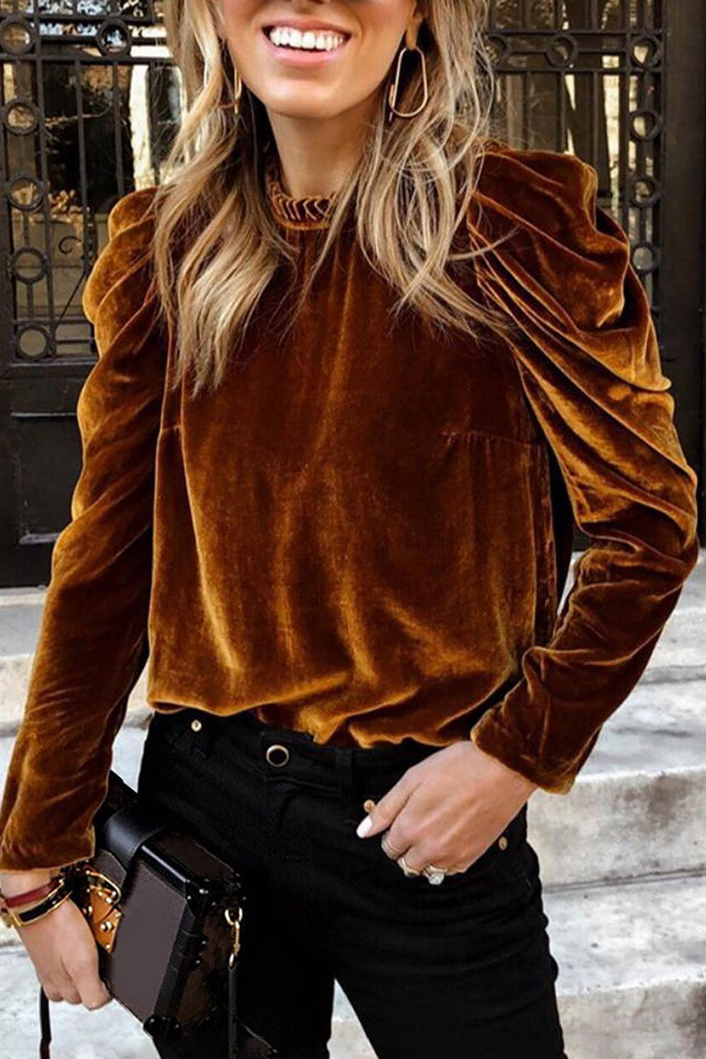 Chestnut Velvet Frilled Collar Puff Sleeve Top Tops & Tees JT's Designer Fashion