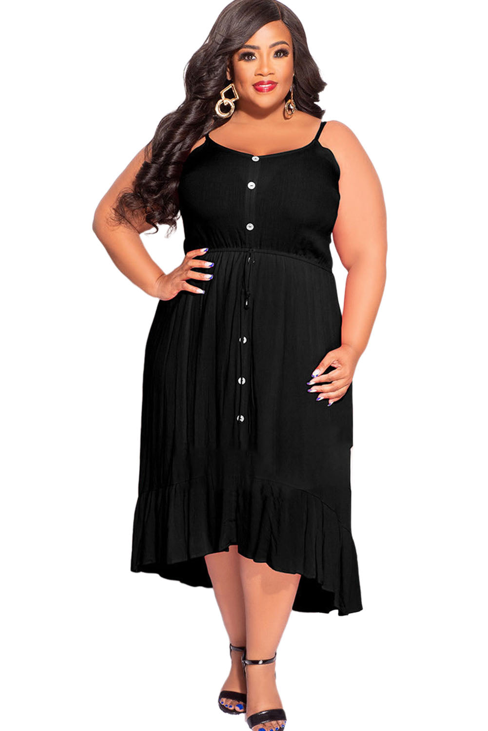 Black Plus Size Spaghetti Straps Buttoned Ruffle Midi Dress Plus Size Dresses JT's Designer Fashion