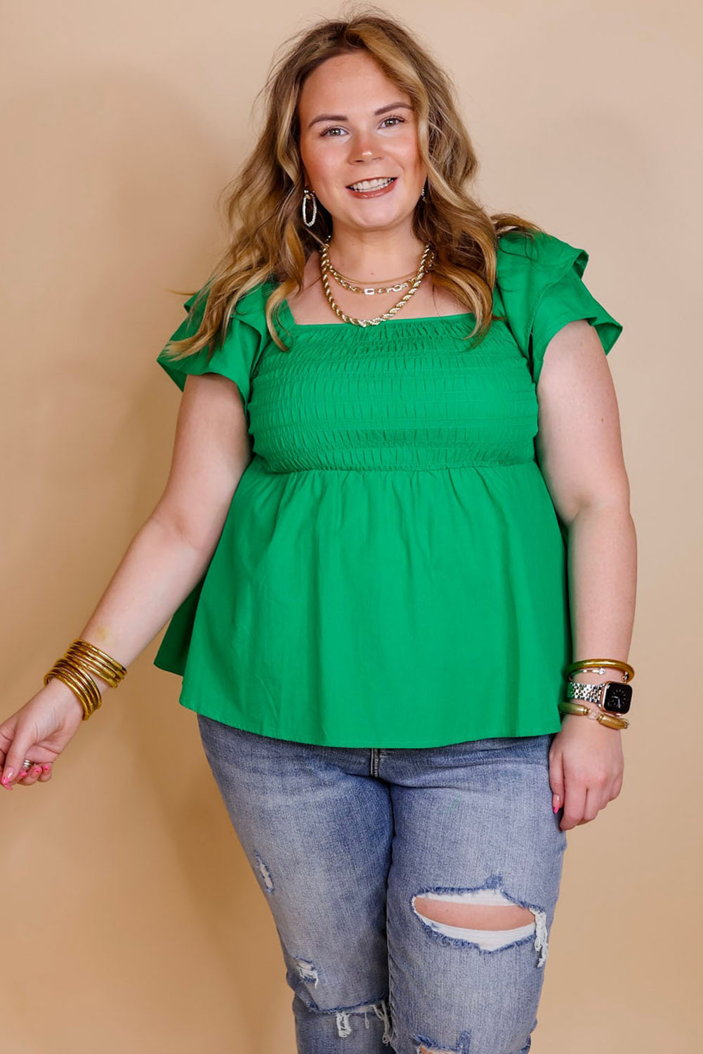 Green Ruffle Tiered Short Sleeve Plus Size Babydoll Top Plus Size JT's Designer Fashion