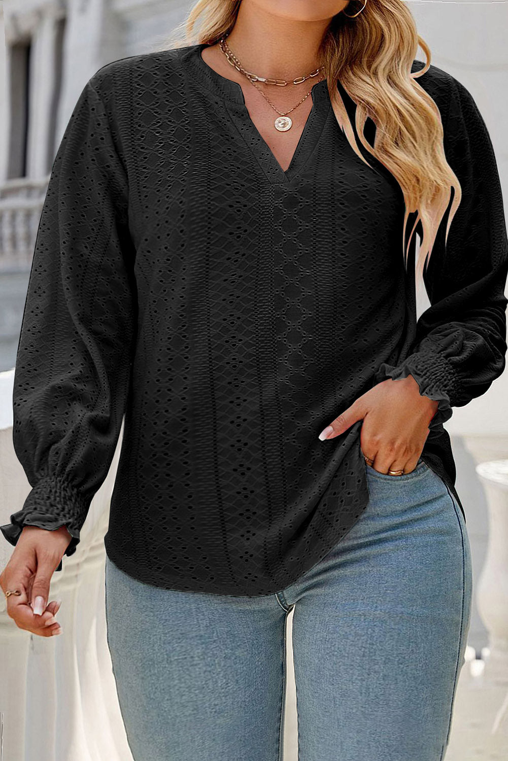 Black Eyelet Embroidered Split Neck Flounce Sleeve Curvy Top Plus Size JT's Designer Fashion