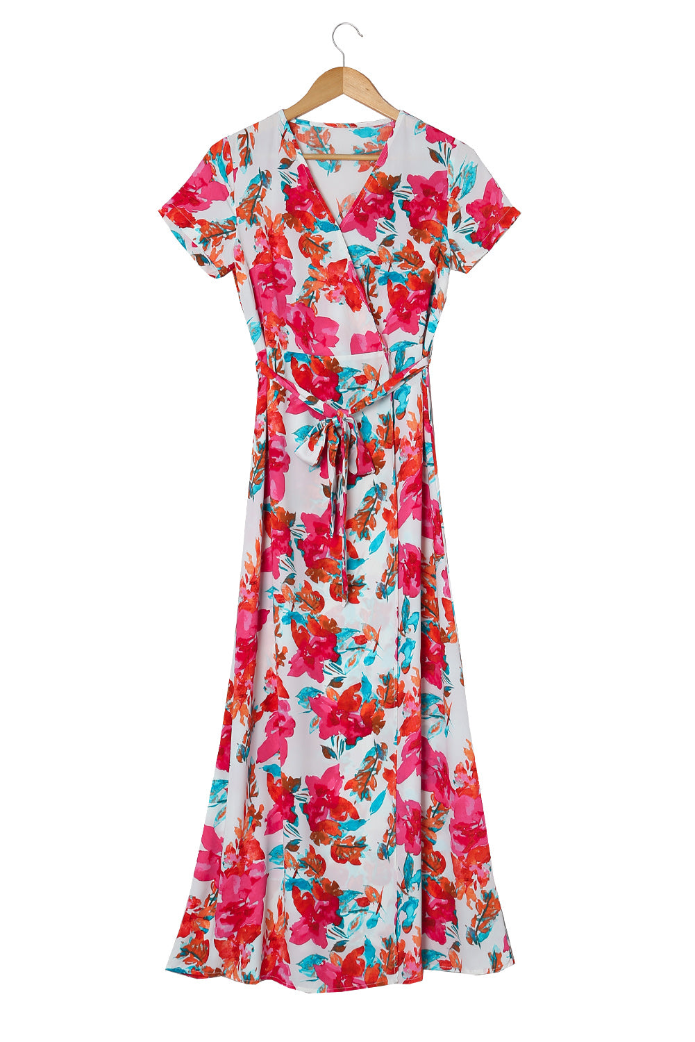 Rose Wrap V Neck Short Sleeve Floral Maxi Dress Floral Dresses JT's Designer Fashion