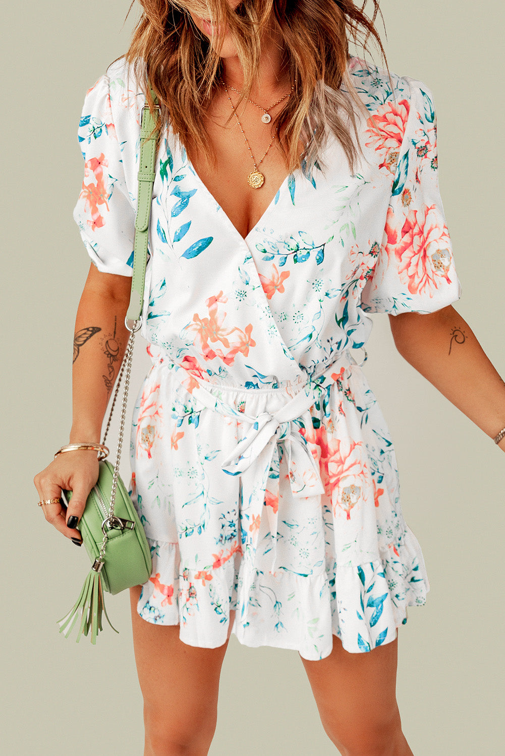 Floral Print Puff Sleeves Romper White 100%Polyester Jumpsuits & Rompers JT's Designer Fashion