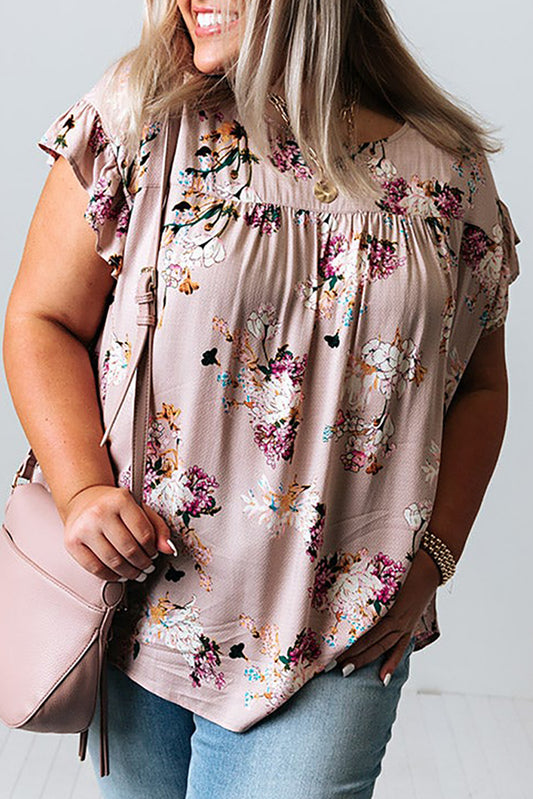 Pink Pink Floral Print Ruffled Knot Back Plus Size Babydoll Top Plus Size Tops JT's Designer Fashion