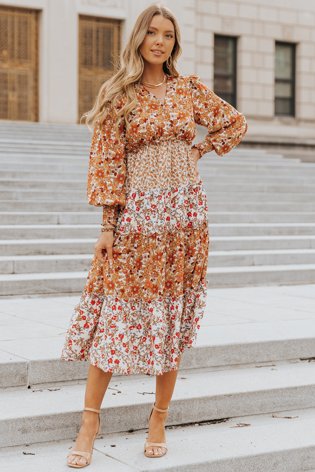 Orange Mix Floral Patchwork Frill Tiered Dress Floral Dresses JT's Designer Fashion