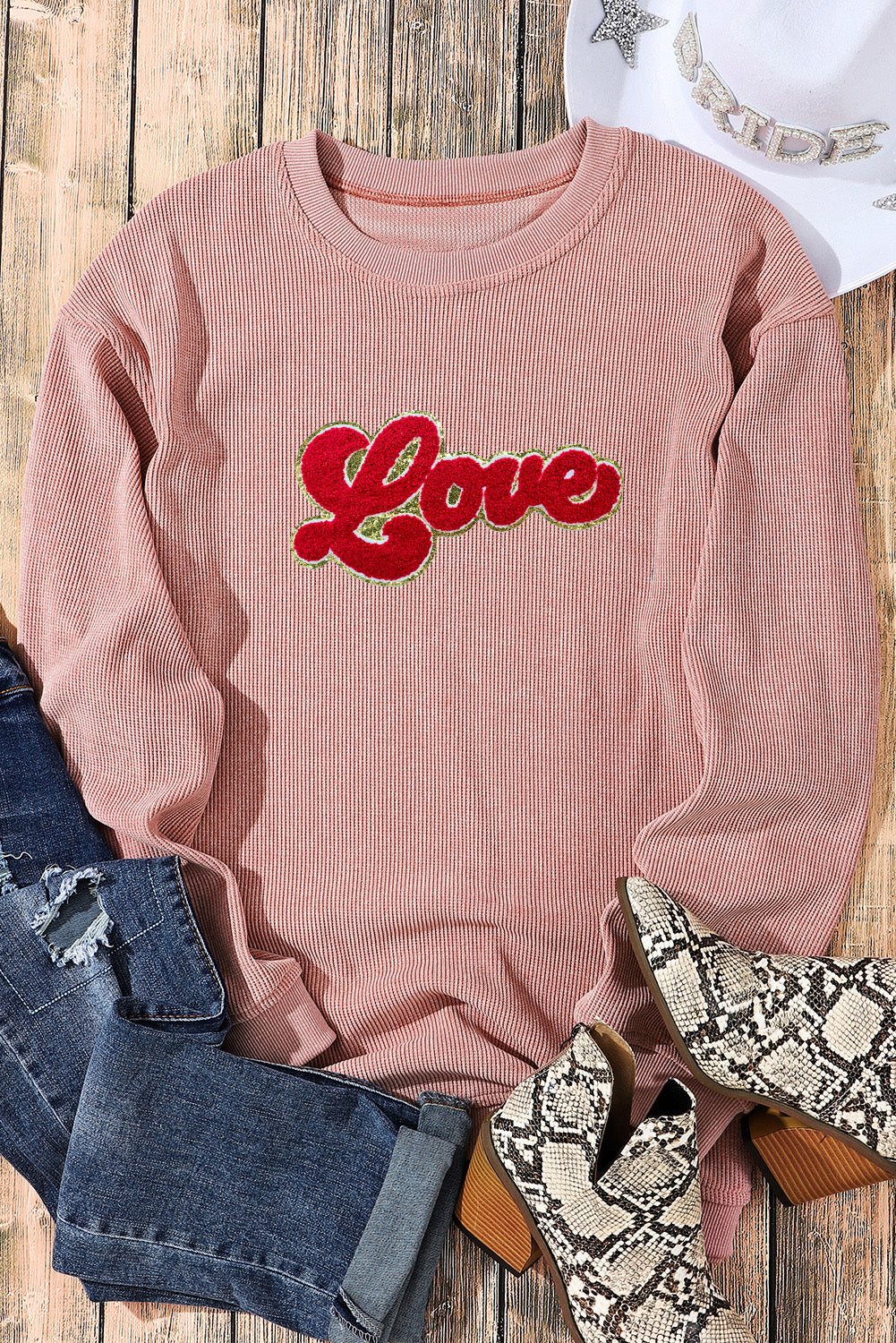 Pink Glitter Love Chenille Patch Corded Sweatshirt Graphic Sweatshirts JT's Designer Fashion