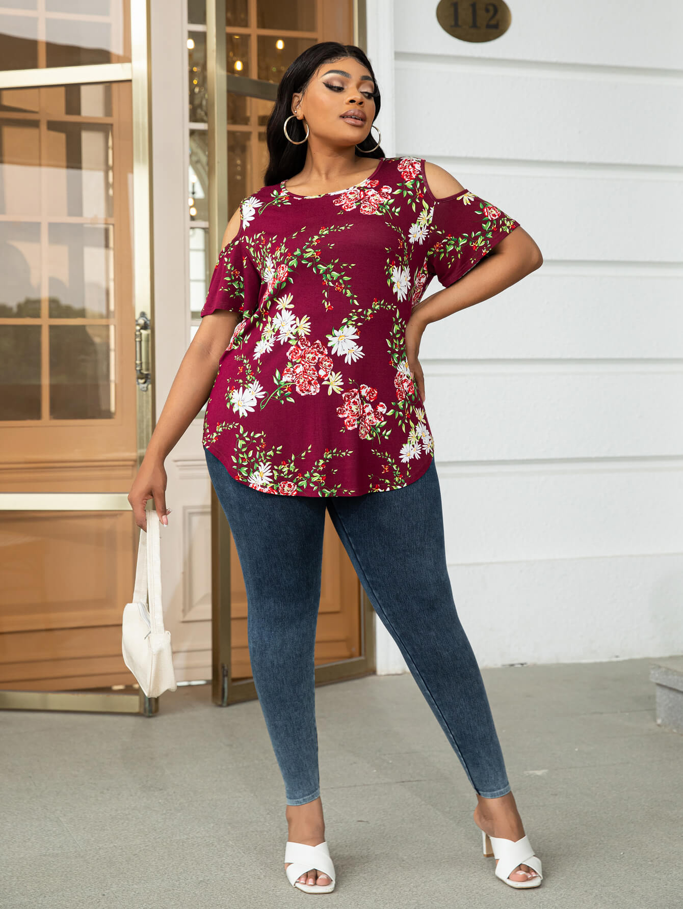 Plus Size Cold-Shoulder Round Neck Curved Hem Tee Plus Size Tops JT's Designer Fashion