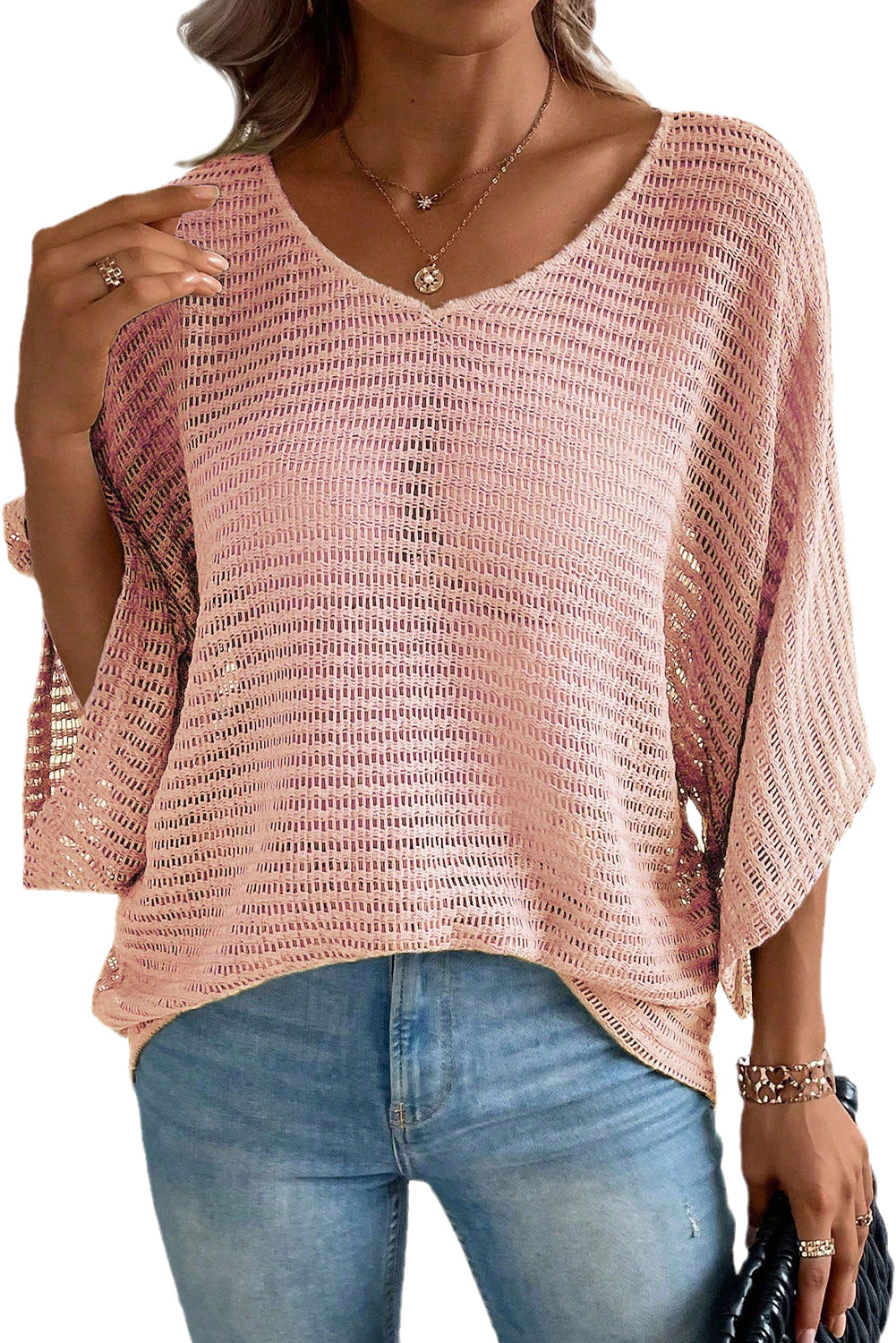 Dusty Pink Textured Batwing Sleeve V Neck Blouse Tops & Tees JT's Designer Fashion