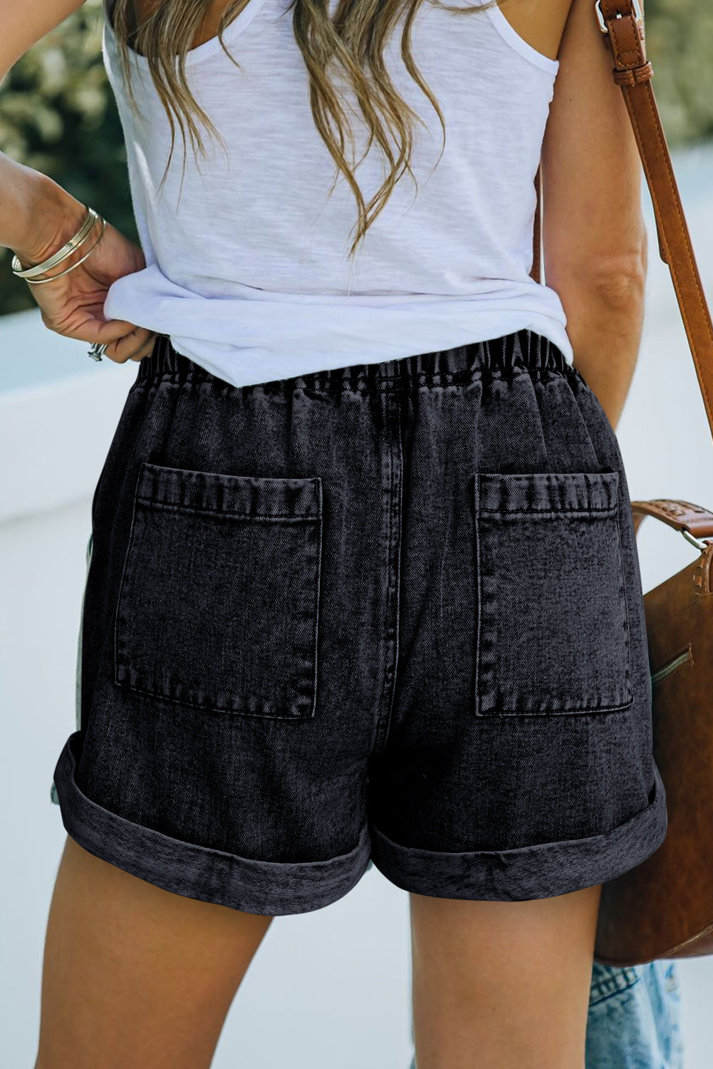 Black Pocketed Drawstring High Waist Denim Shorts Denim Shorts JT's Designer Fashion