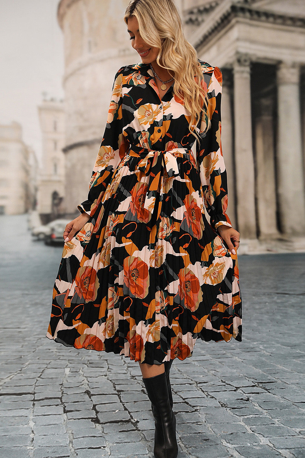 Multicolor Floral Tie Waist Pleated Long Shirt Dress Dresses JT's Designer Fashion