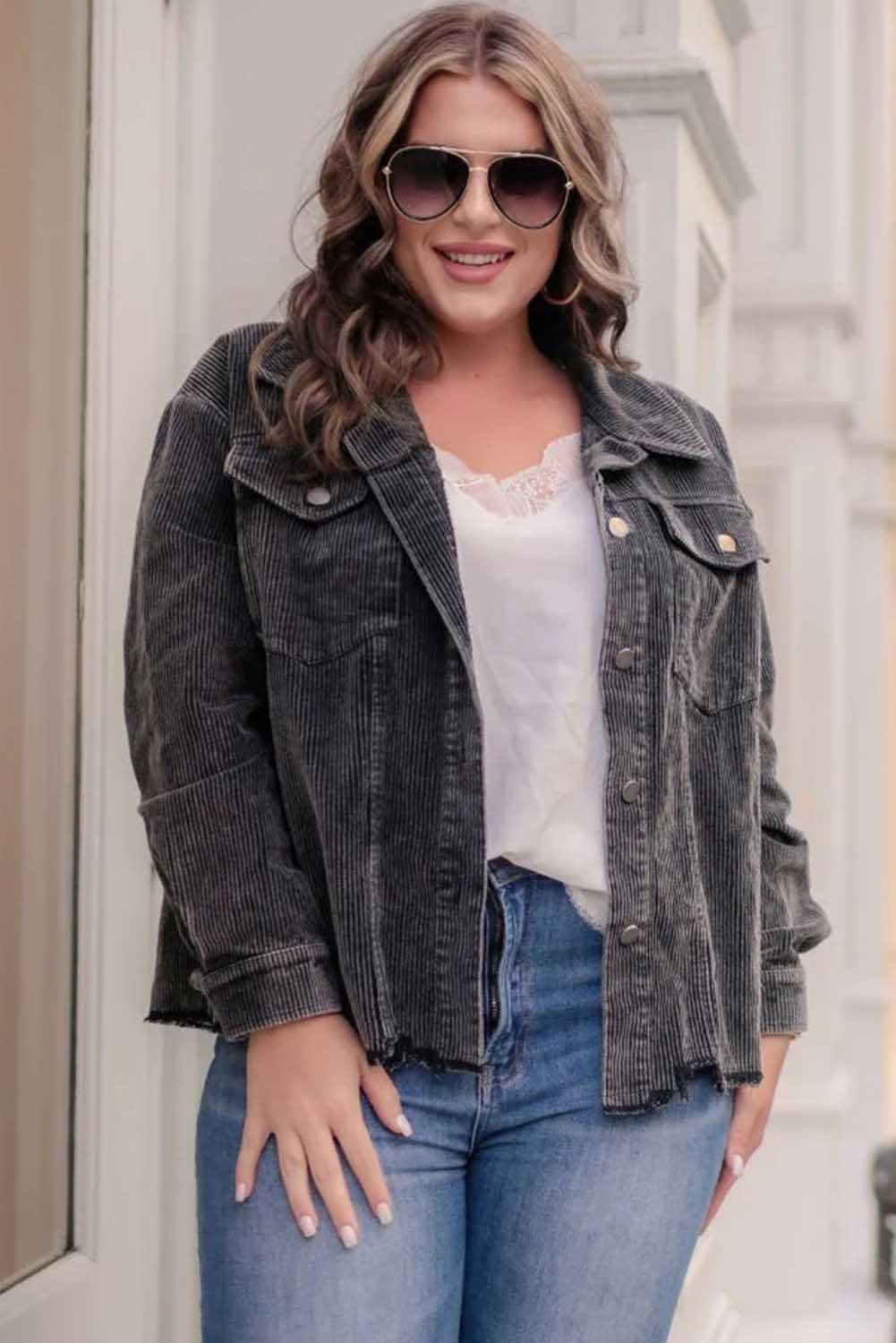 Gray Ribbed Flap Pocket Distressed Plus Size Corduroy Jacket Plus Size JT's Designer Fashion