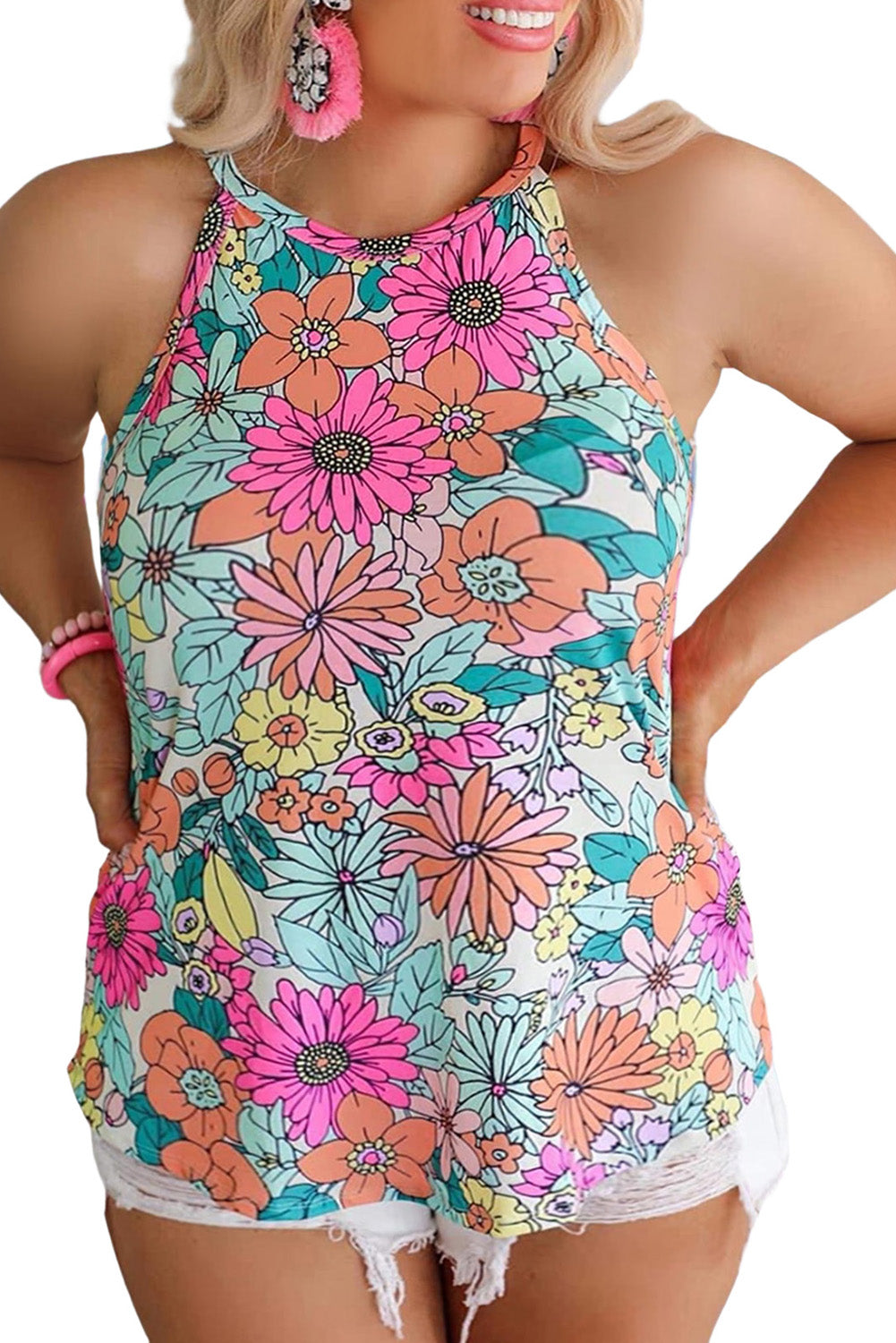 Multicolor Plus Size Floral Print Tank Top Plus Size Tops JT's Designer Fashion