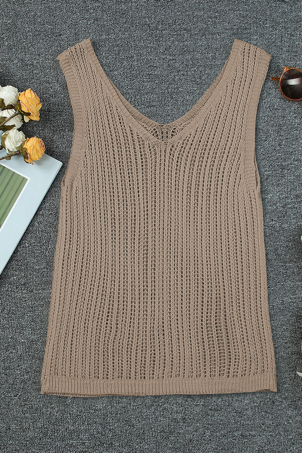 Khaki Hollowed Knit V Neck Tank Top Tank Tops JT's Designer Fashion