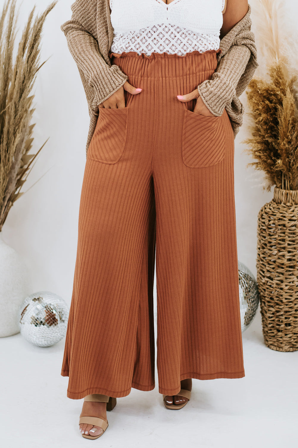 Brown Ribbed Patch Pocket Frill Waist Wide Leg Plus Pants Plus Size JT's Designer Fashion