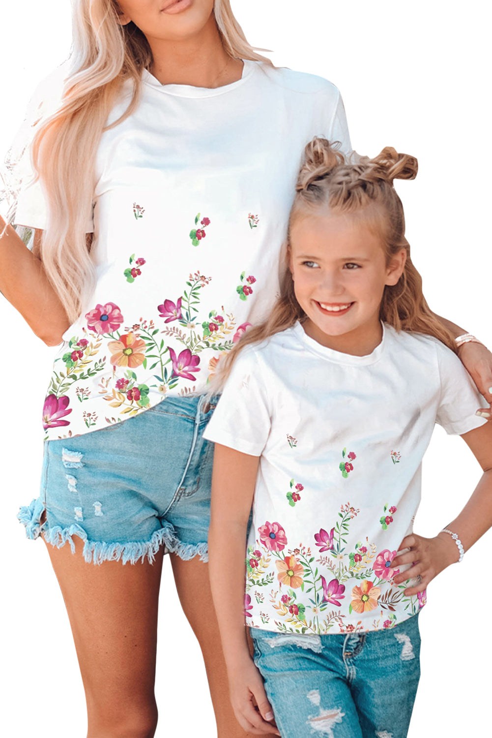 White Family Matching Adult Flower Printed Crew Neck T Shirt Family T-shirts JT's Designer Fashion