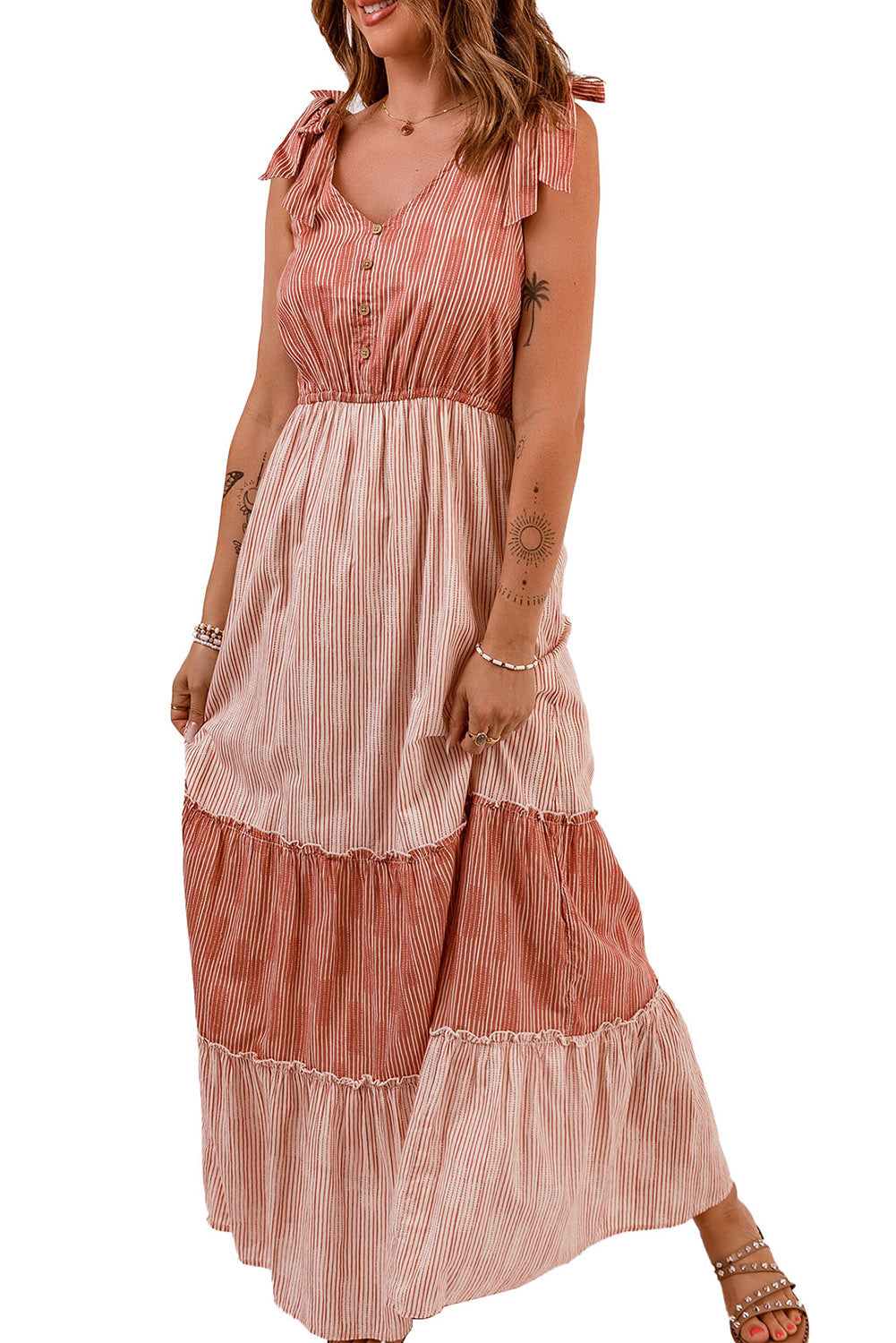 Tie Shoulder Striped Tiered Sleeveless Maxi Dress Maxi Dresses JT's Designer Fashion