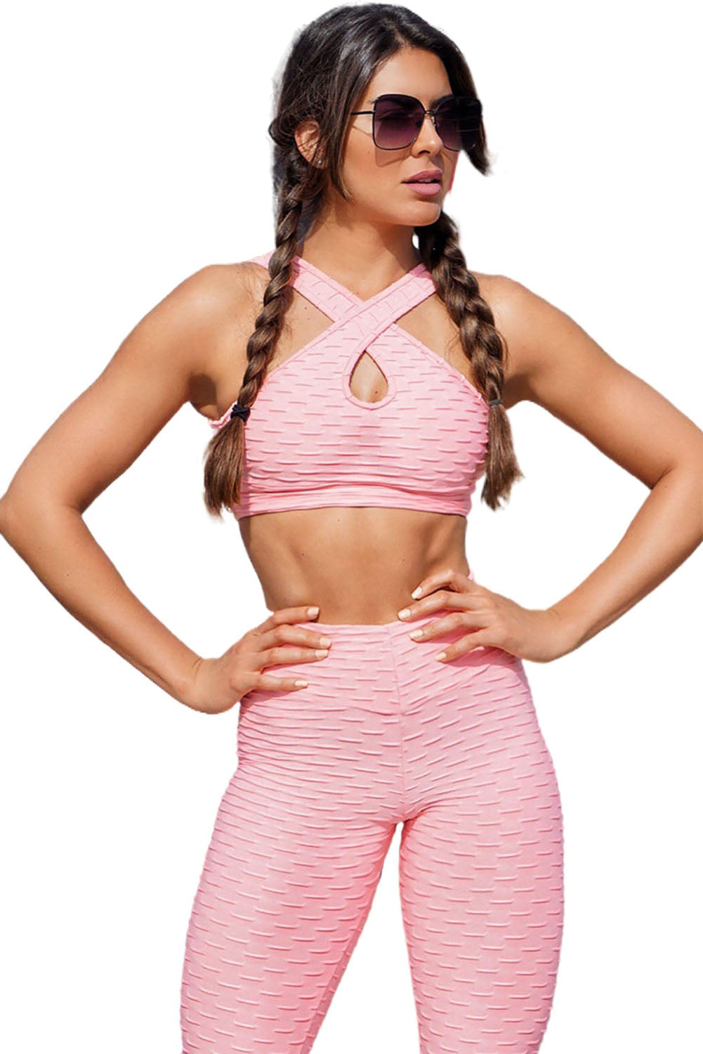 Pink Textured Cross Front High Waist Sports Set Bottoms JT's Designer Fashion