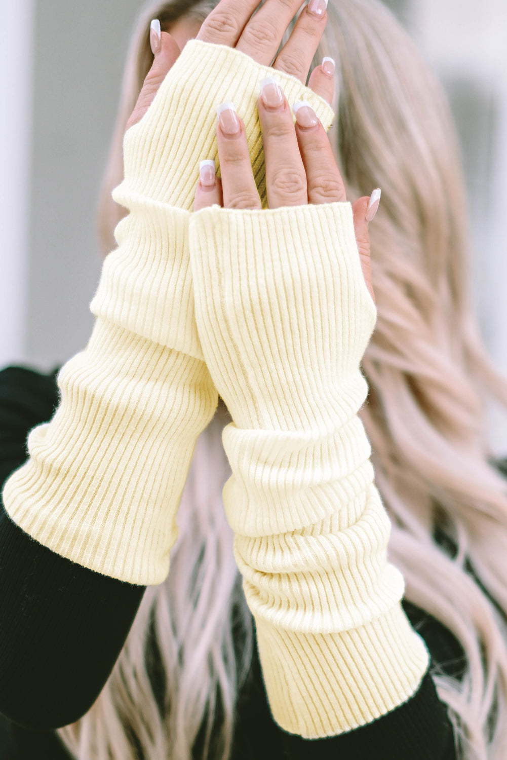 Beige Thumbhole Fingerless Long Ribbed Knit Gloves Other Accessories JT's Designer Fashion