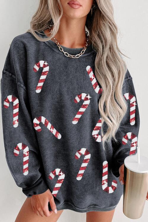 Sequin Candy Cane Round Neck Sweatshirt Charcoal Graphic Sweatshirts JT's Designer Fashion