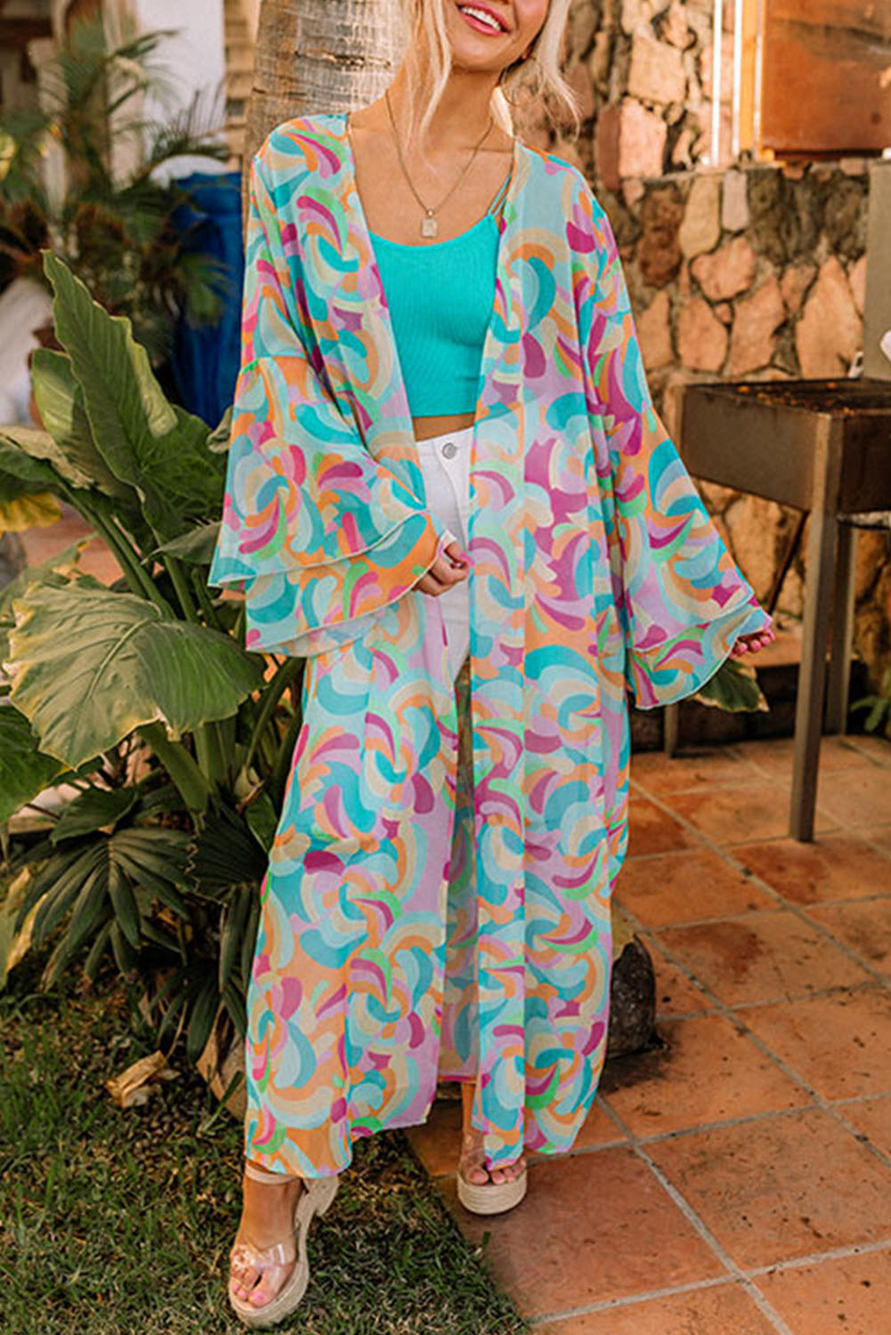 Multicolor Printed Double Layered Bell Sleeve Long Flowy Cardigan Kimonos JT's Designer Fashion