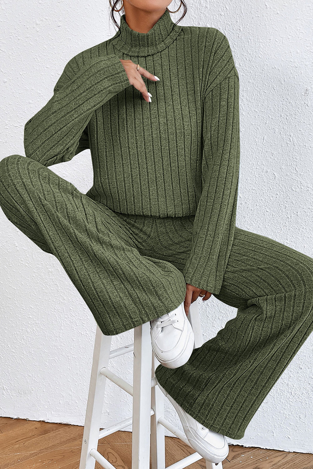 Jungle Green Ribbed Knit High Neck Loose Top and Pants Set Bottoms JT's Designer Fashion