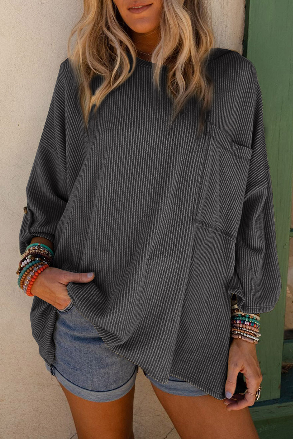 Dark Gray Ribbed Roll-tab Sleeve Chest Pocket Oversize Top Long Sleeve Tops JT's Designer Fashion