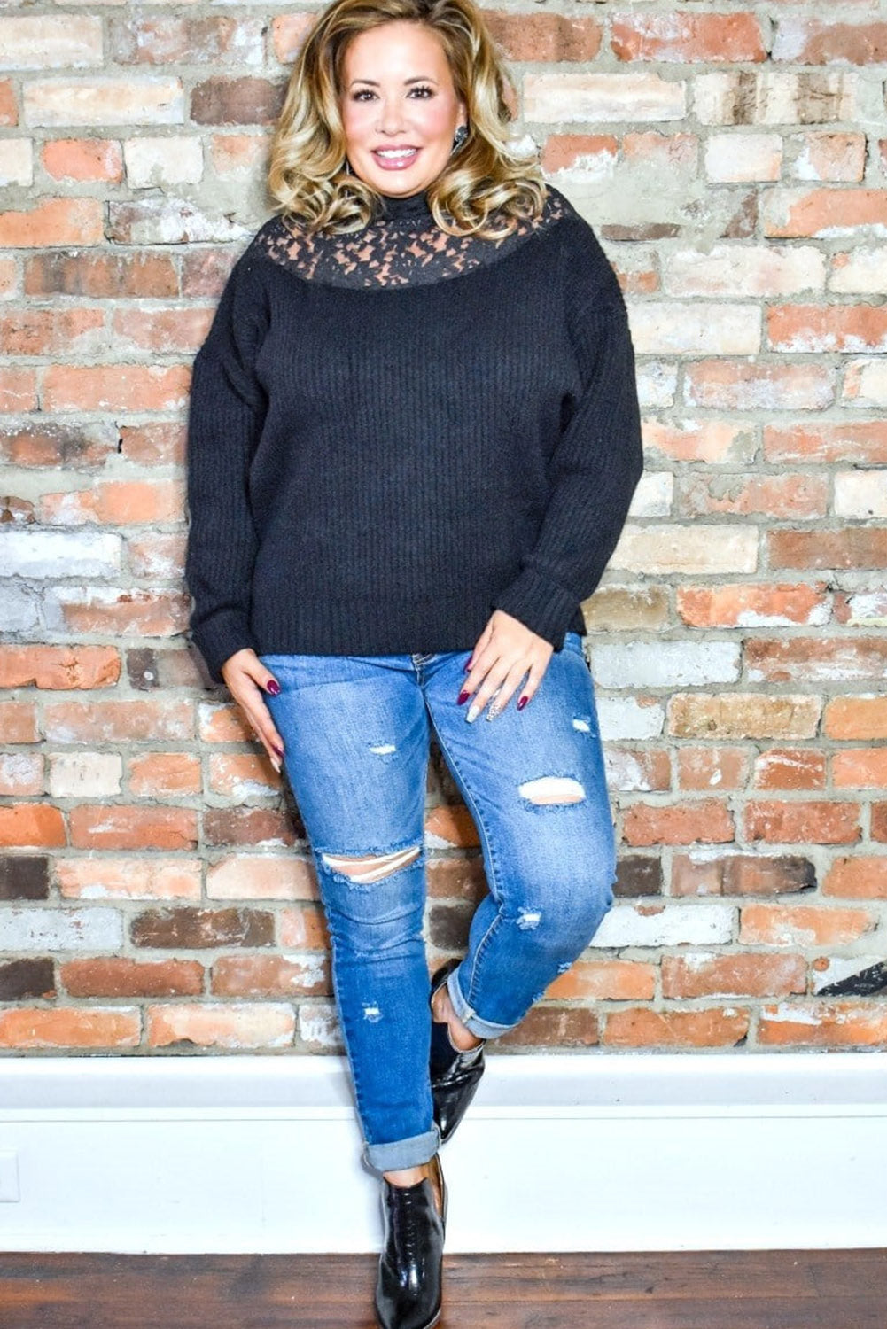 Black Plus Size Ribbed Knit Lace Splicing High Neck Sweater Plus Size JT's Designer Fashion