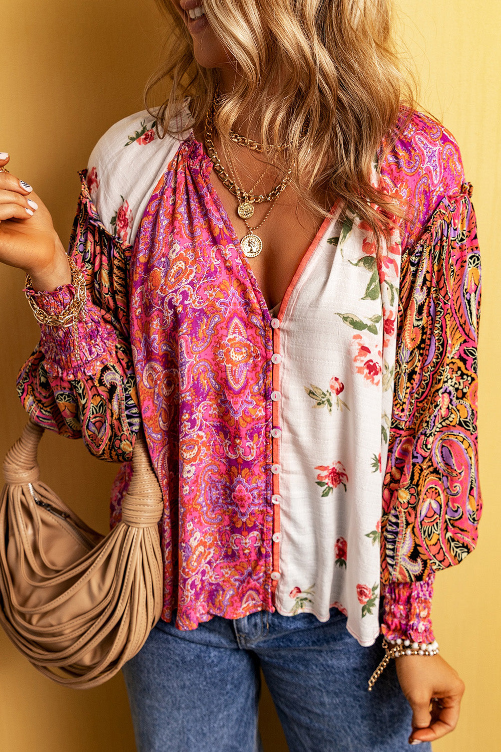 Multicolor Floral Patchwork Shirred Cuff Buttoned V Neck Blouse Tops & Tees JT's Designer Fashion