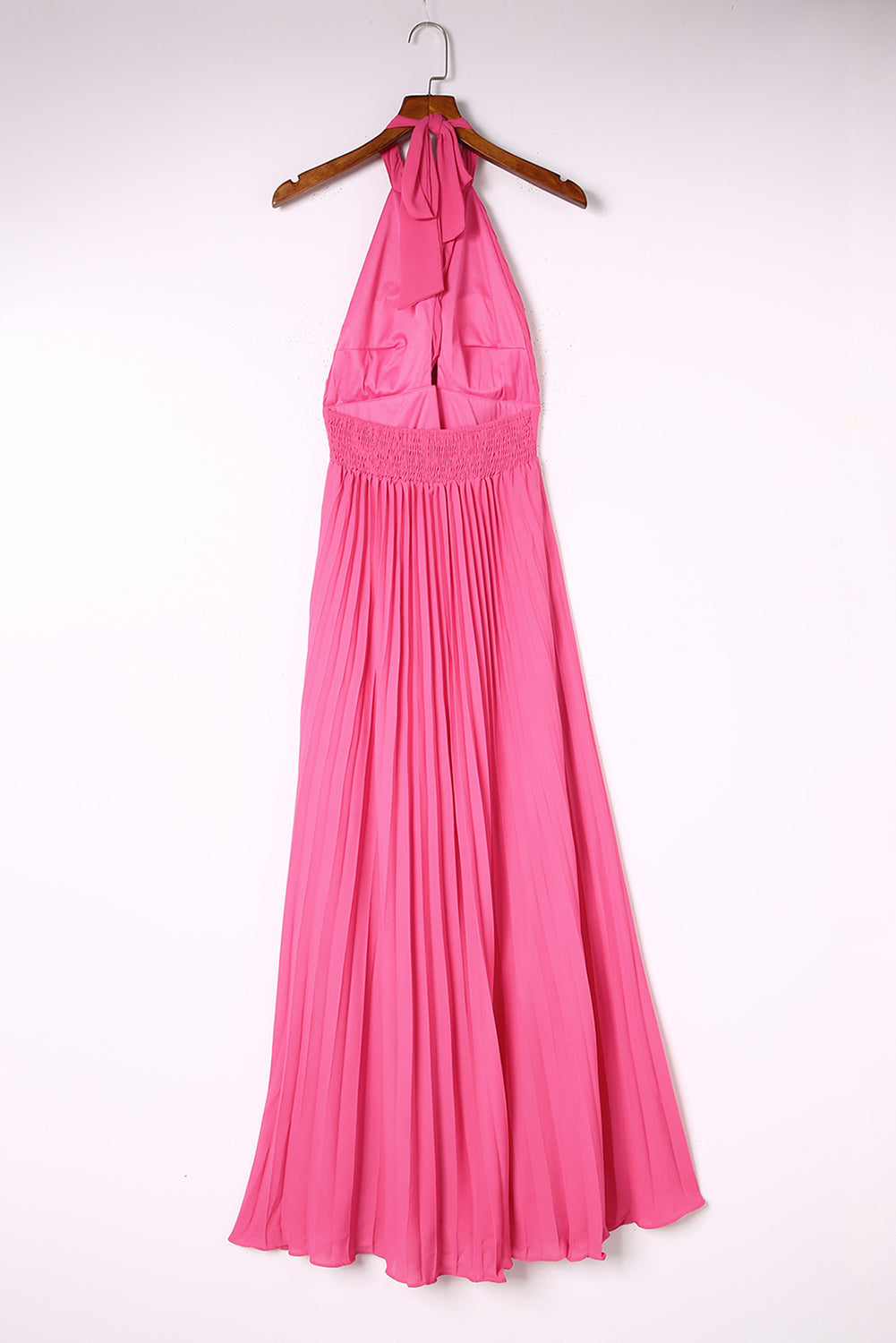 Rose Pink Halter Sleeveless Open Back Pleated Maxi Dress Evening Dresses JT's Designer Fashion