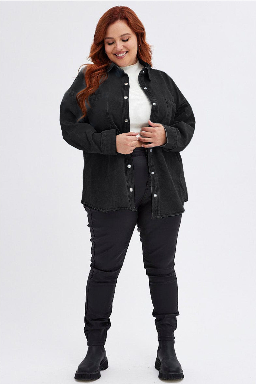 Black Plus Chest Pockets Snap Button Denim Jacket Plus Size JT's Designer Fashion