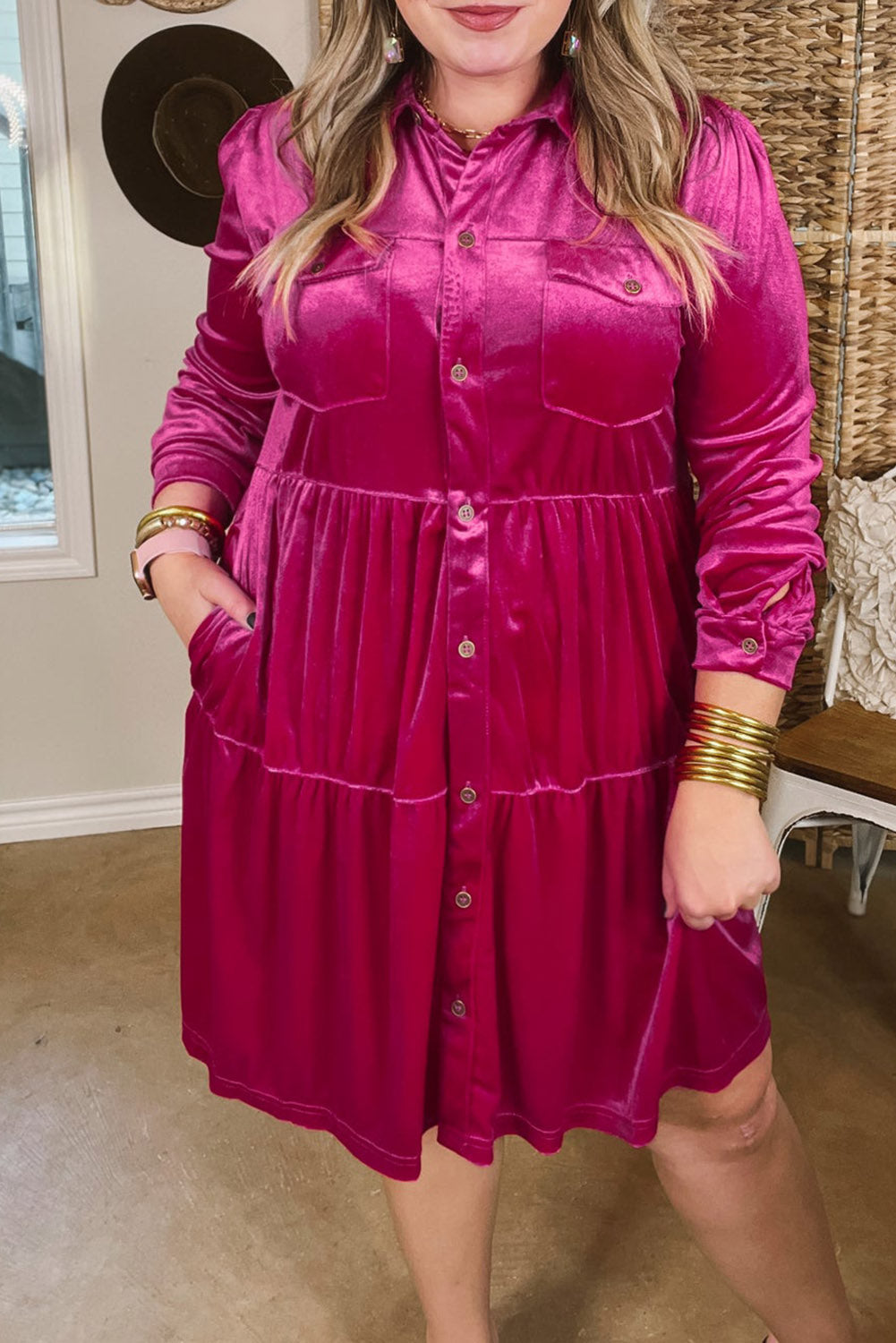 Rose Red Plus Size Velvet Long Sleeve Button-Up Tiered Dress Plus Size JT's Designer Fashion