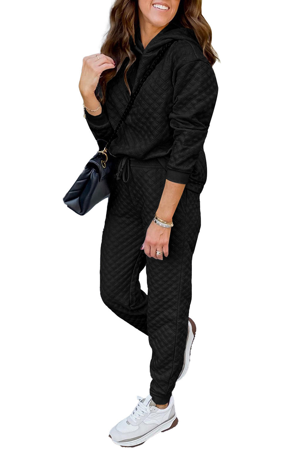 Black Quilted Hoodie and Sweatpants Two Piece Set Bottoms JT's Designer Fashion