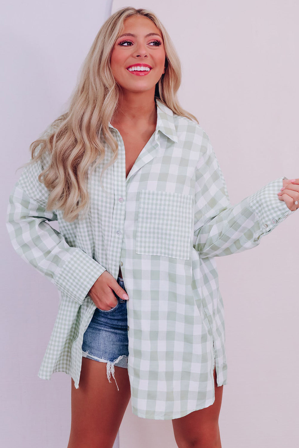 Green Mix Checked Patchwork Long Sleeve Shirt Tops & Tees JT's Designer Fashion