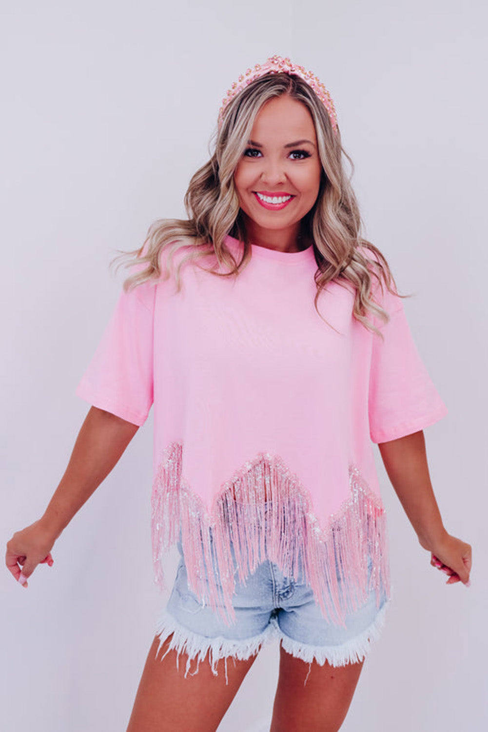 Pink Fringed Sequin Crop T-shirt Tops & Tees JT's Designer Fashion