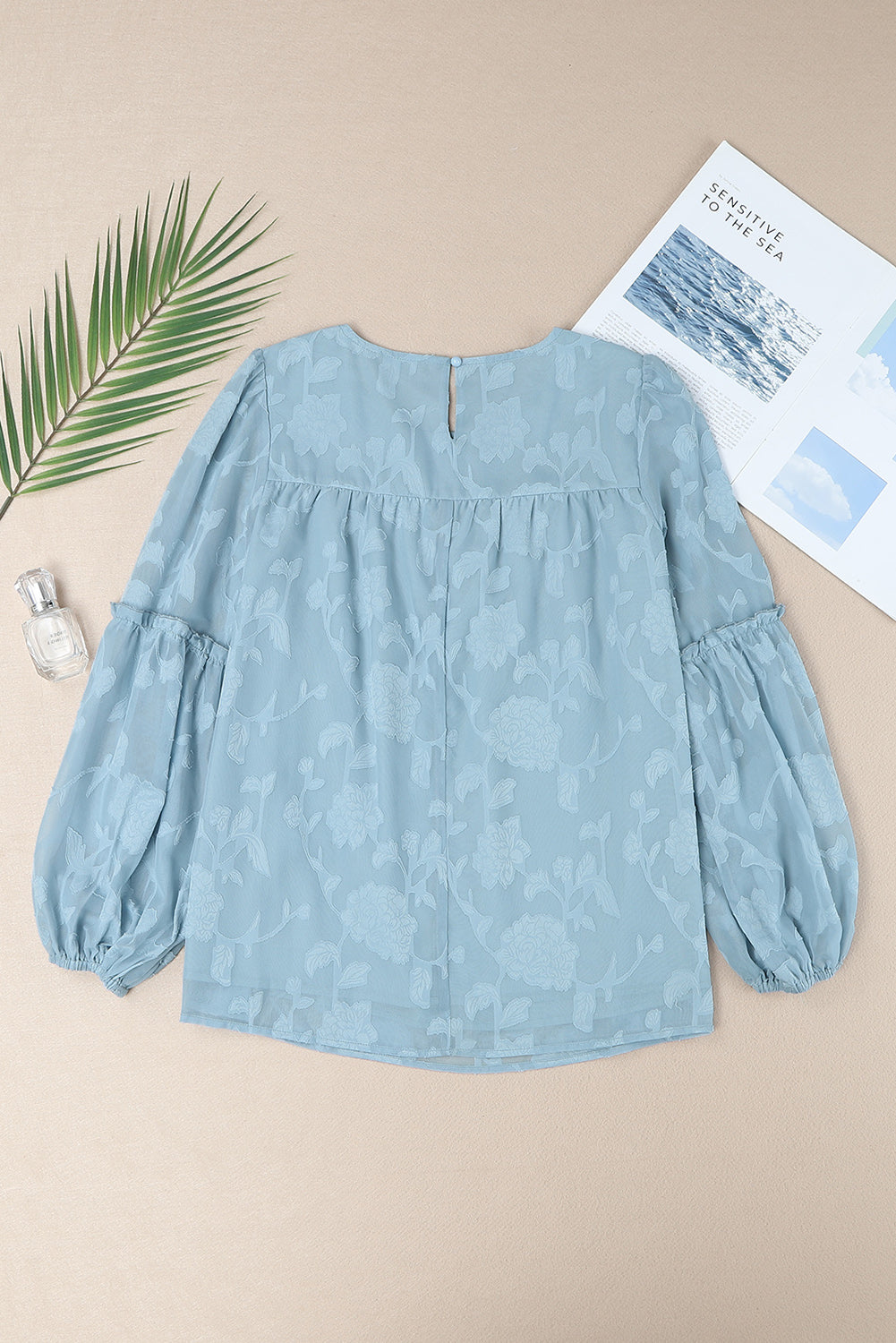 Blue Textured Ruffle Lantern Sleeve Babydoll Blouse Blouses & Shirts JT's Designer Fashion