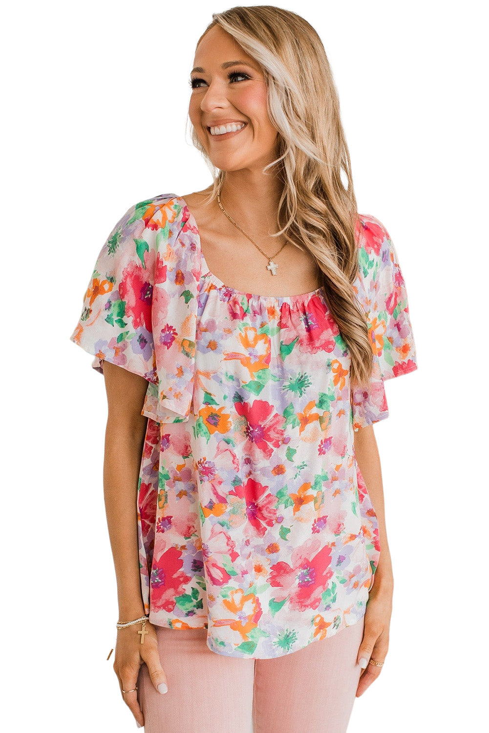 Multicolor Watercolor Floral Square Neck Ruffle Sleeve Blouse Blouses & Shirts JT's Designer Fashion