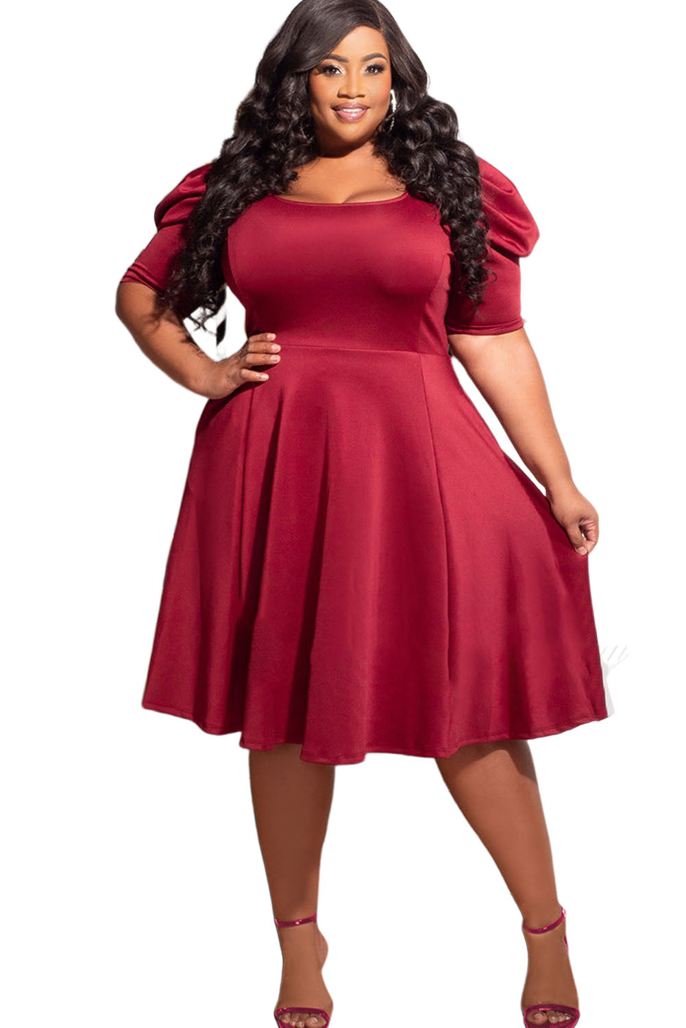 Red Plus Size Ruched Puff Sleeves Fit Flare Midi Dress Plus Size Dresses JT's Designer Fashion