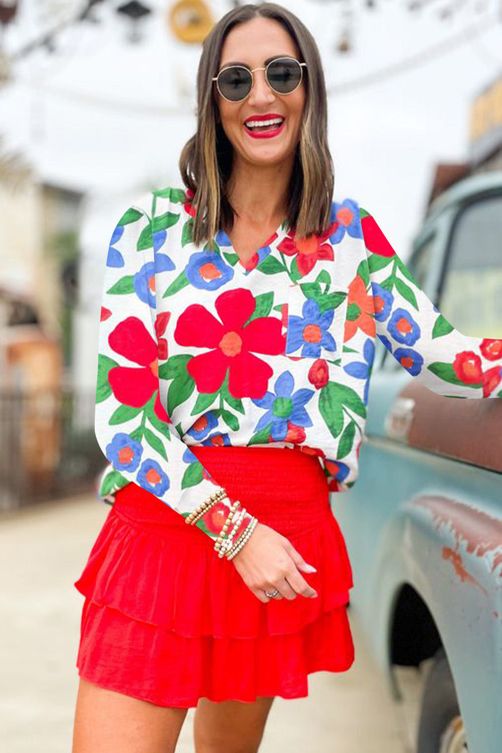 White Floral Print V Neck Long Sleeve Blouse Tops & Tees JT's Designer Fashion