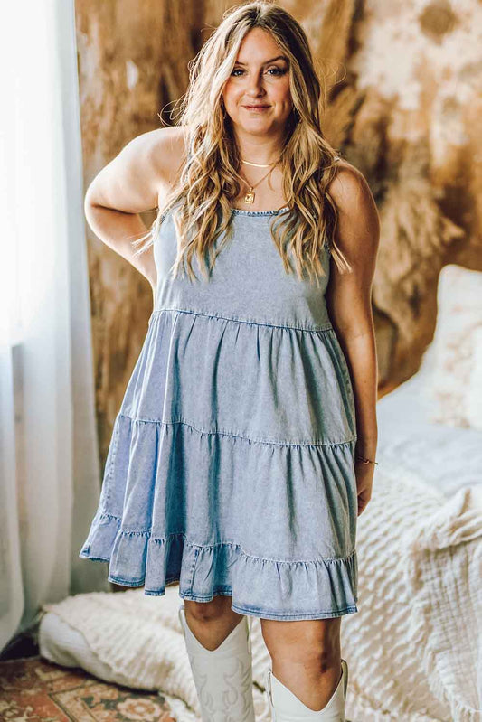 Sky Blue Plus Size Tiered Spaghetti Strap Denim Mini Dress Plus Size JT's Designer Fashion