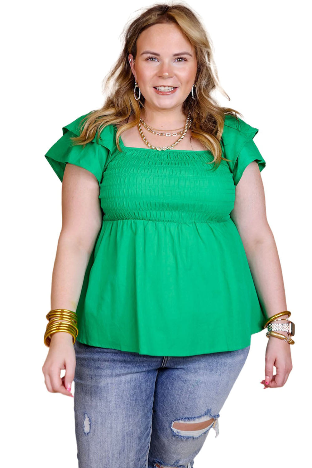 Green Ruffle Tiered Short Sleeve Plus Size Babydoll Top Plus Size JT's Designer Fashion