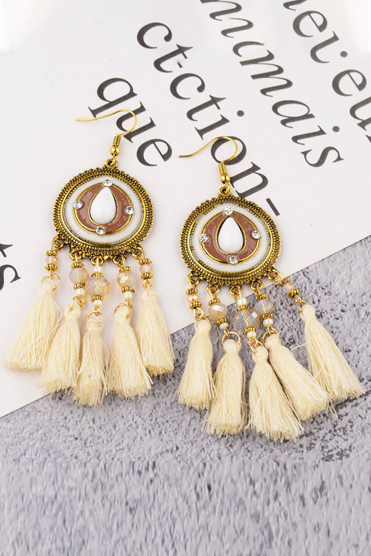 Beige Bold Tassel Beaded Music Festival Boho Earrings Jewelry JT's Designer Fashion