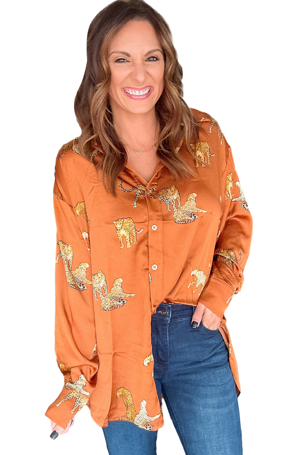 Russet Orange Cheetah Animal Print Button Up Satin Shirt Tops & Tees JT's Designer Fashion