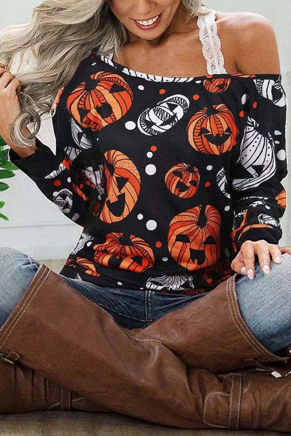 Black Halloween Pumpkin Face Crew Neck Top Long Sleeve Tops JT's Designer Fashion