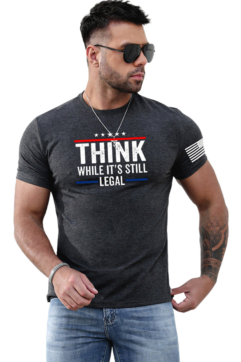 Gray Think While It's Still Legal Flag Short Sleeve Tee Men's Tops JT's Designer Fashion