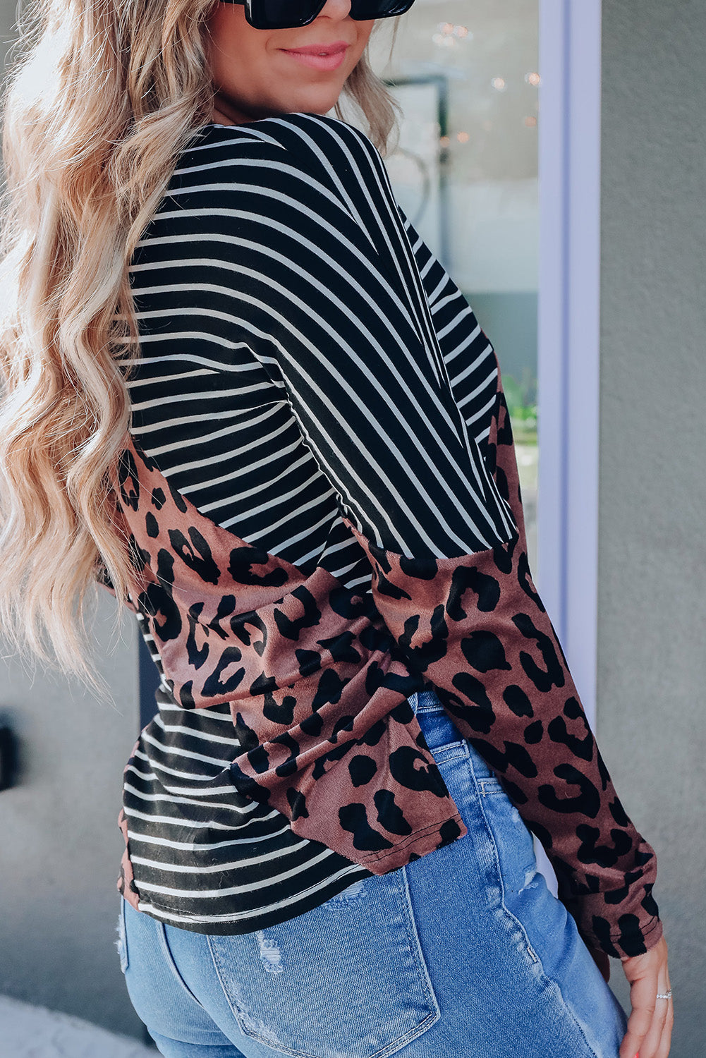 Black Leopard And Striped Color Block Top Long Sleeve Tops JT's Designer Fashion