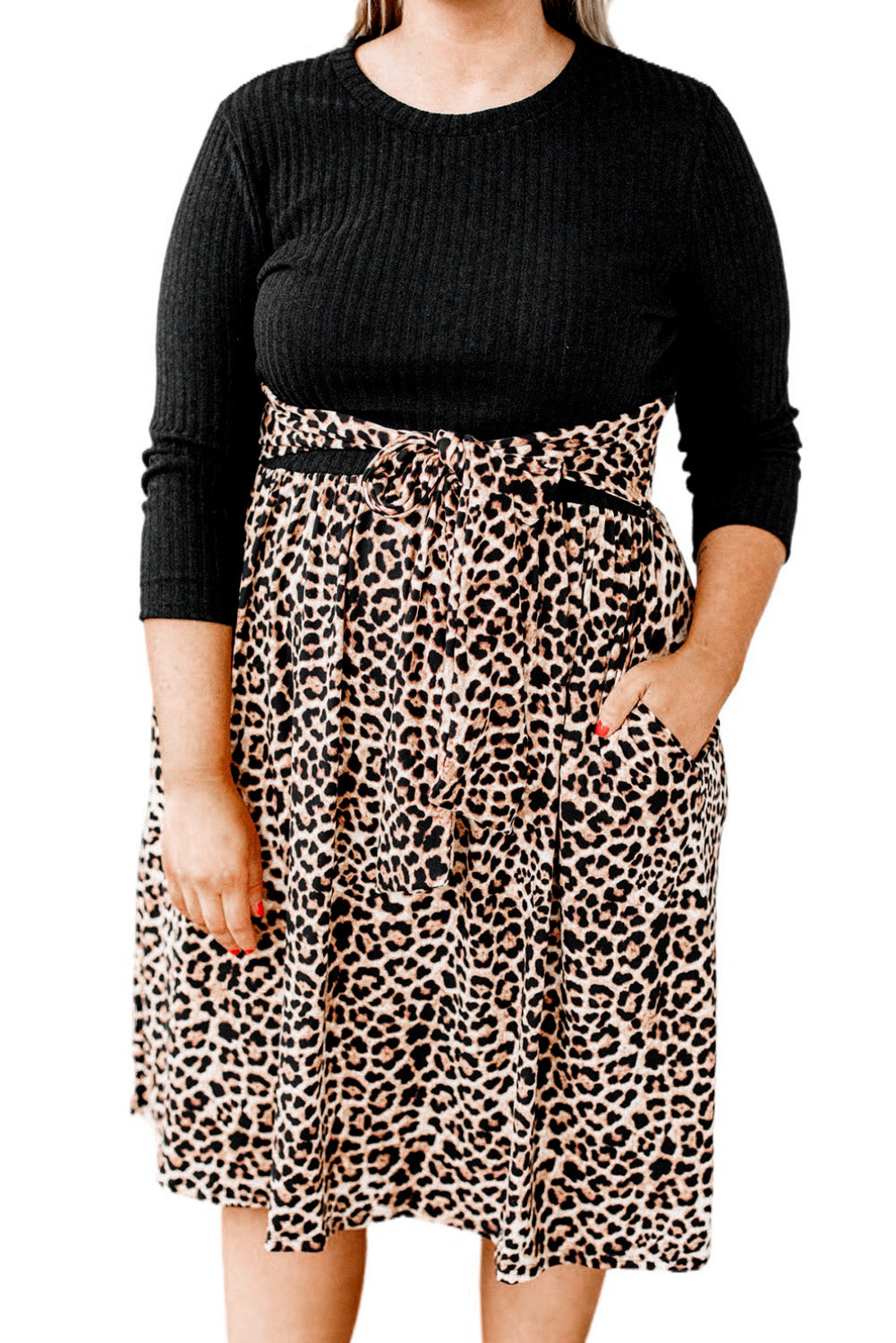 Ribbed Knit Leopard Plus Size Midi Dress Plus Size Dresses JT's Designer Fashion