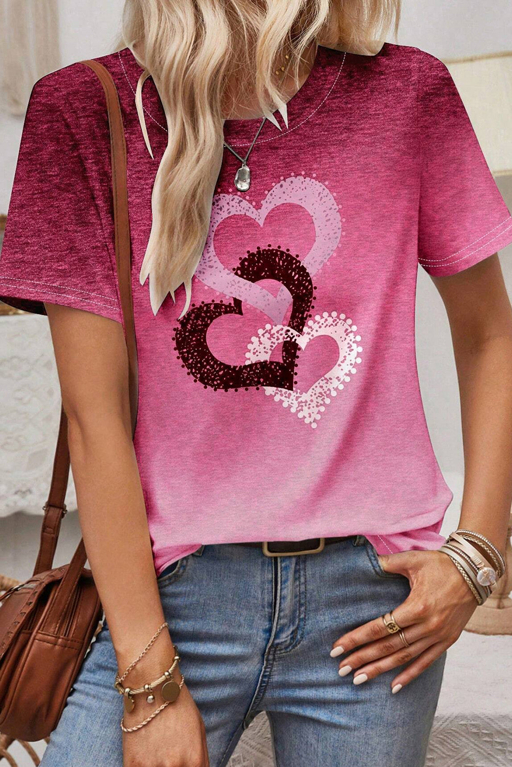 Pitaya Pink Valentine Heart Graphic Casual Gradient Tee Tops & Tees JT's Designer Fashion