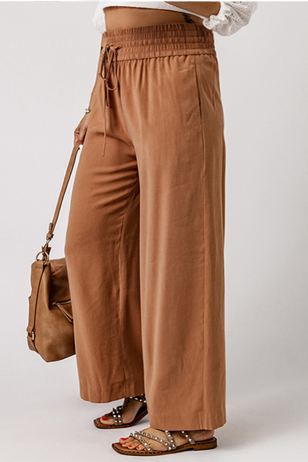 Brown Drawstring Smocked Waist Wide Leg Plus Size Pants Plus Size Bottoms JT's Designer Fashion